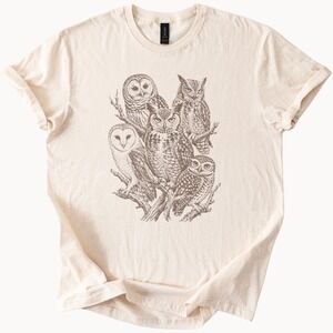Five Owls Detailed Ink Line Drawing Graphic Tee Nature Art